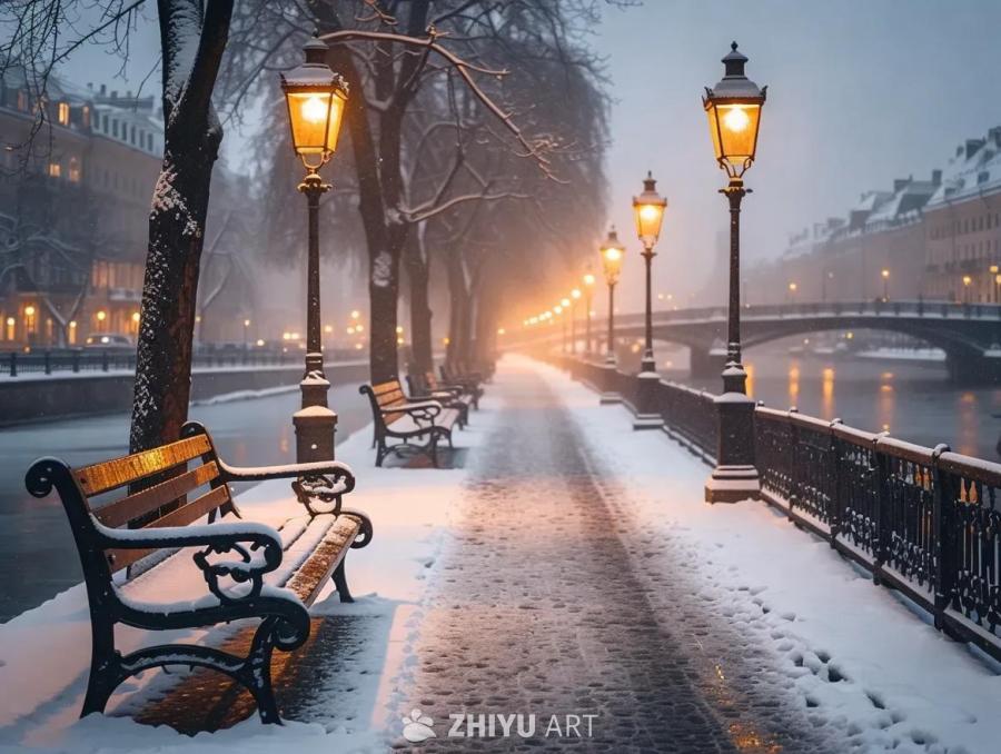 雪覆盖的河边小路，画面左侧放置着琥珀色板条木凳，带