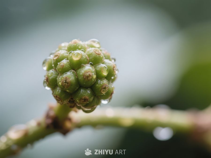 青色浆果特写，水珠点缀 340