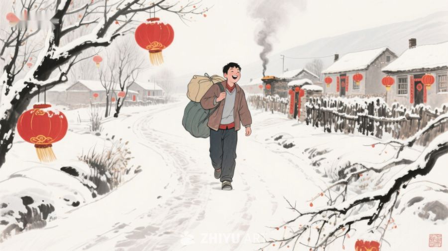 雪中归乡，红灯映衬温馨村景 1113