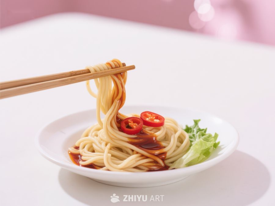筷子夹起热辣面条，配以红椒点缀 708