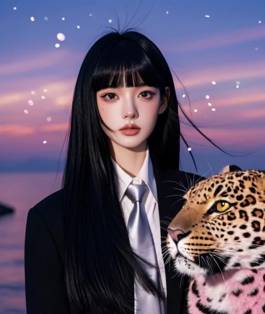 西装女性与豹子：夕阳下的静谧与神秘