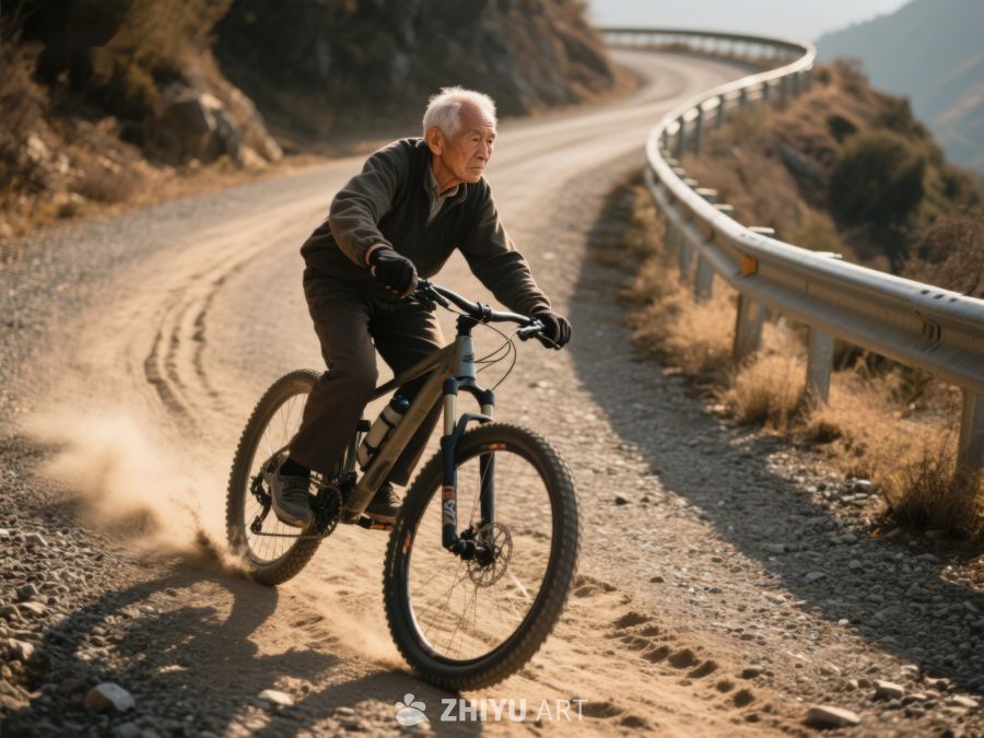 老人骑山地车在蜿蜒山路上 442