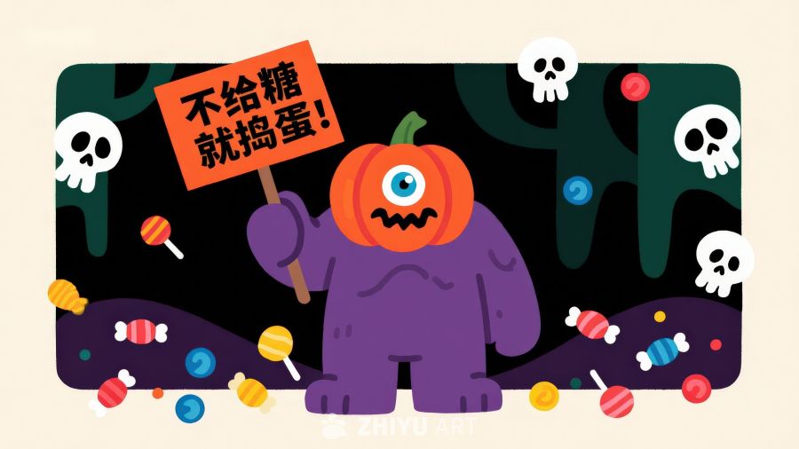 万圣节南瓜怪手持标语，糖果散落四周