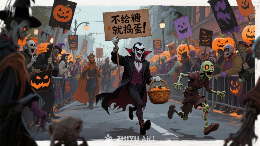 万圣节游行，小丑与僵尸欢乐互动