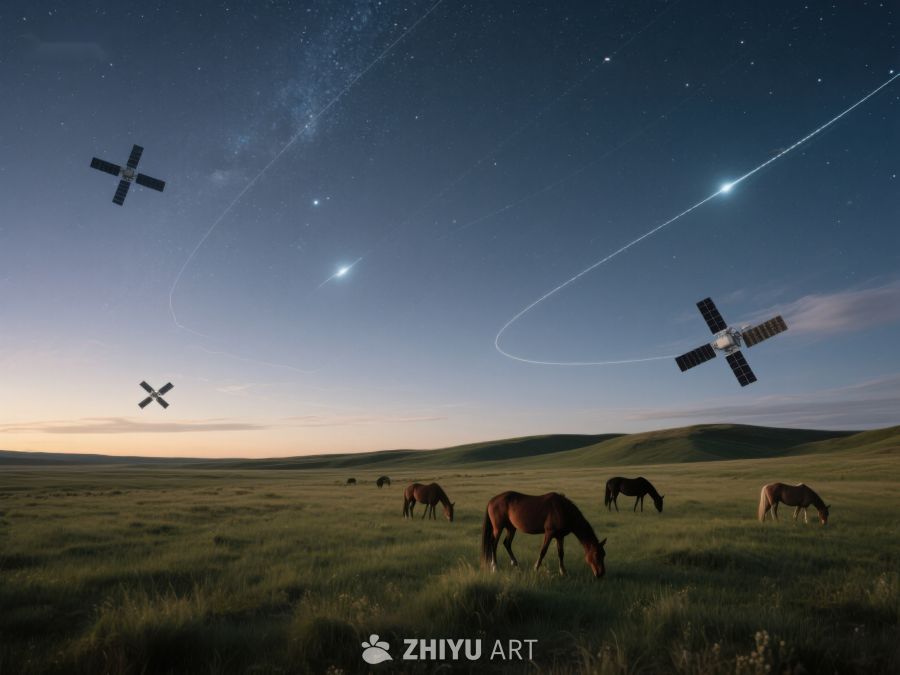 草原夜空下的马群与卫星轨迹 4