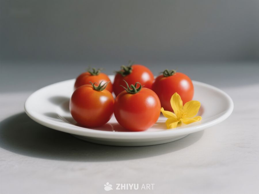 盘中樱桃番茄与黄色花朵 234