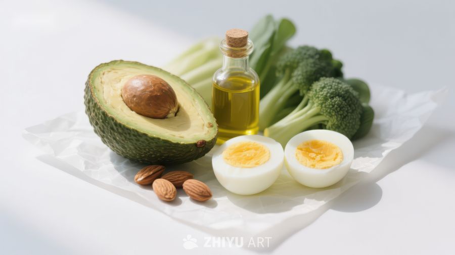 健康食材组合：牛油果、鸡蛋与蔬菜