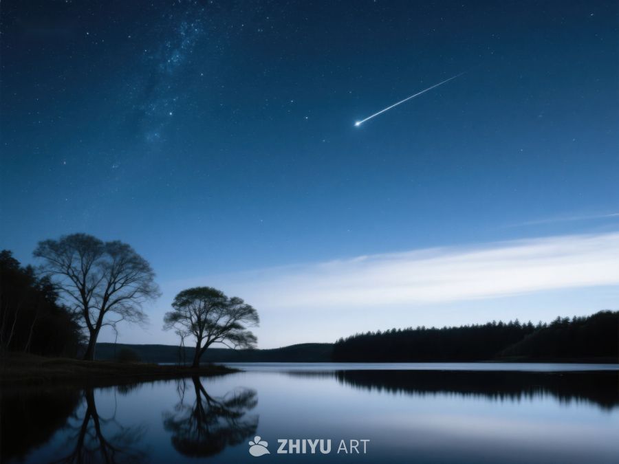 夜空流星划过宁静湖面 249