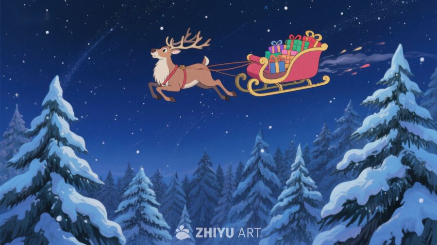 雪夜驯鹿拉着礼物飞越森林 477