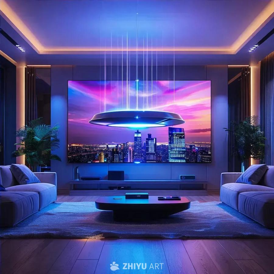 一个未来主义的客厅里悬挂着一个光滑发光的“刹那TV