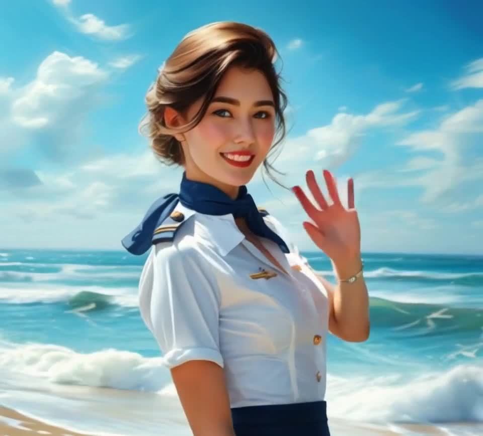海边微笑的空姐：蓝色领巾，白色制服