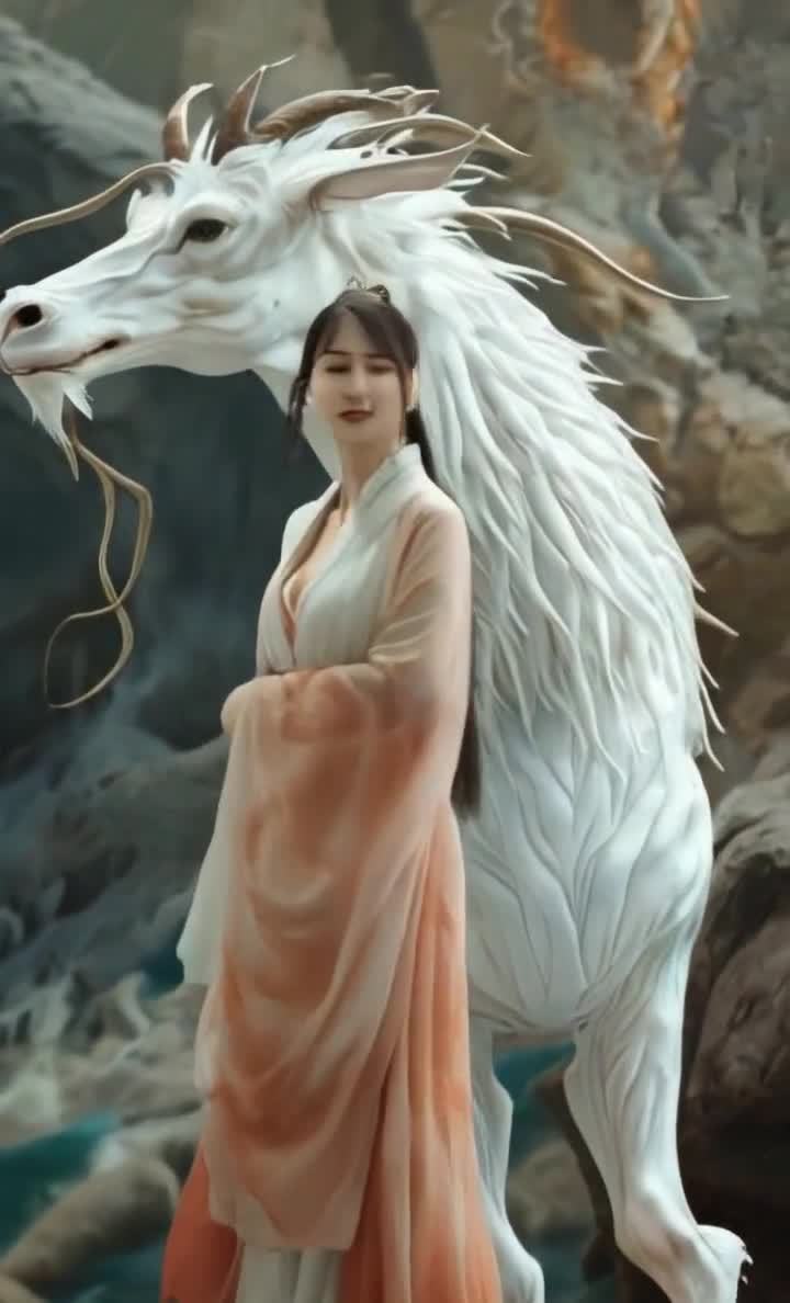 白袍女子与角鬃白兽的山间漫步