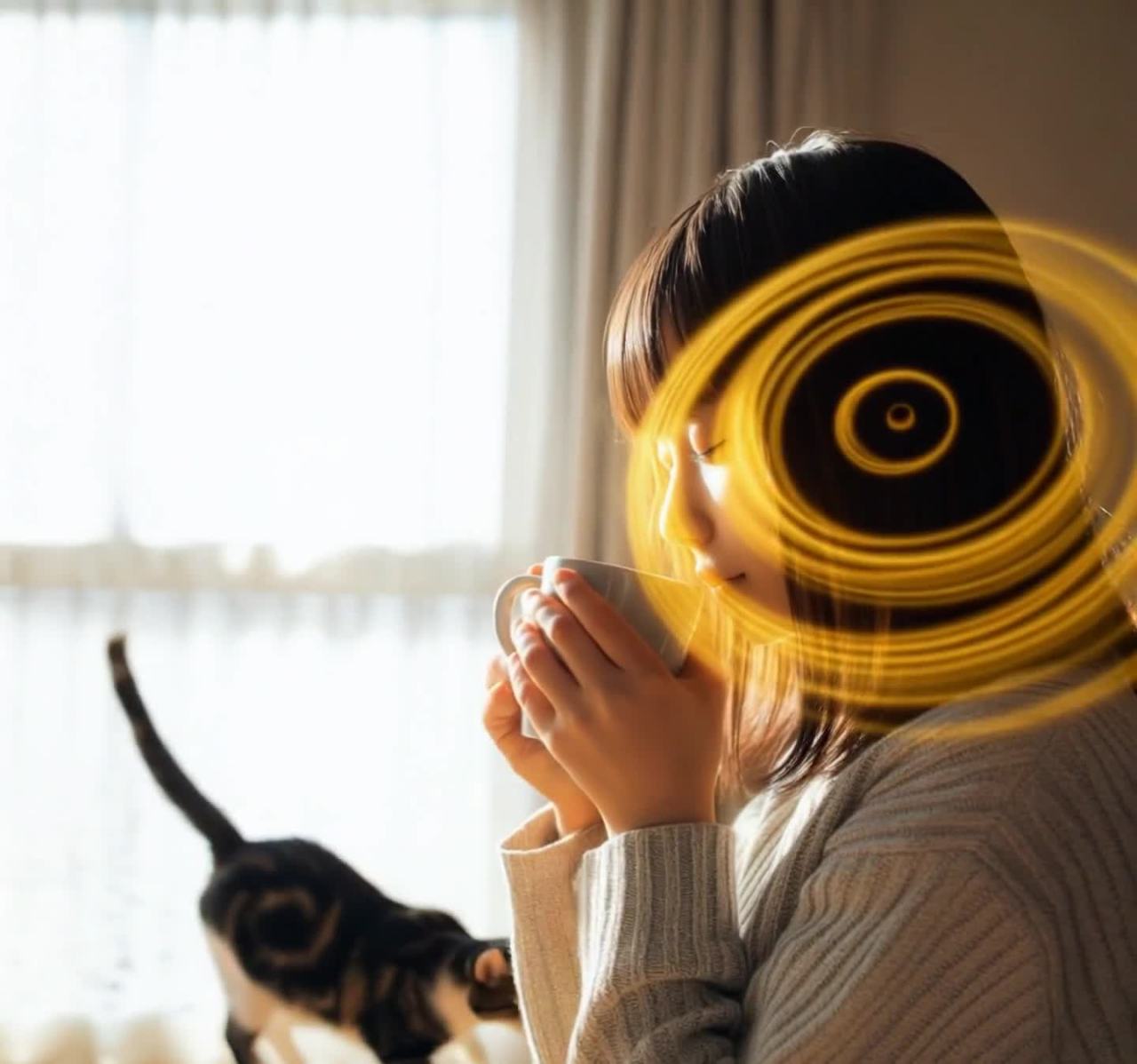 女子窗边品茗，猫咪相伴惬意时光
