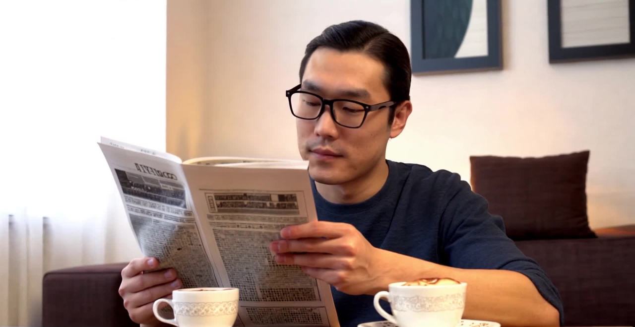 戴眼镜的亚洲男性阅读报纸，桌上有咖啡。