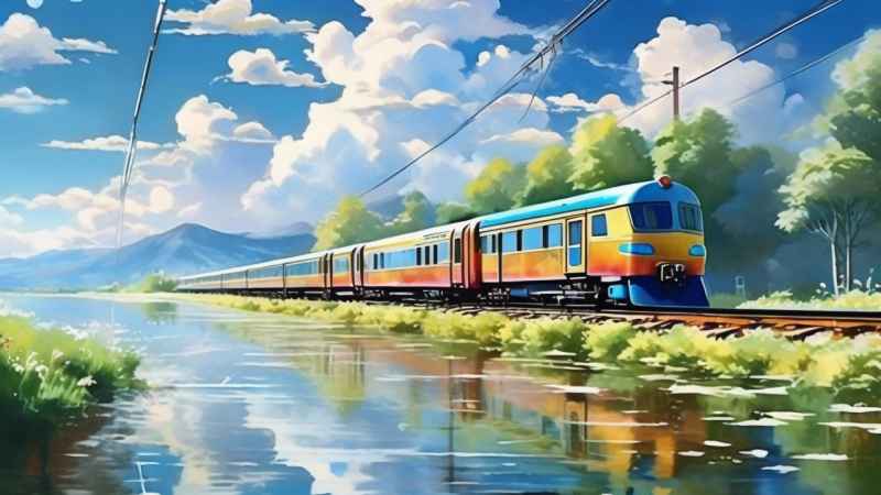 一辆火车在春天里行驶