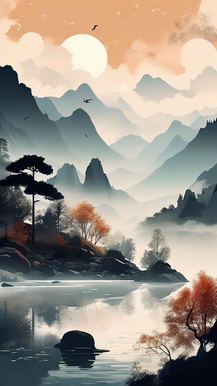 国风水彩画山水风景插画 113