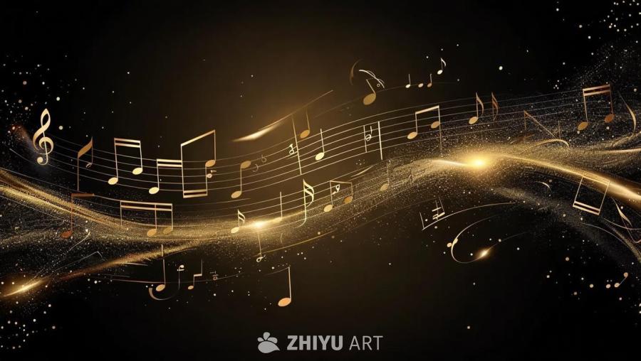 在黑色背景上，呈现出金色音符和五线谱。金色颗粒与光