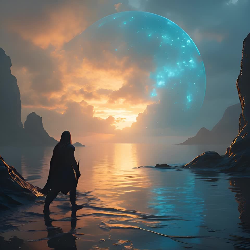 在宁静的海滩上，一位身着古代战士装束的人独自站立着