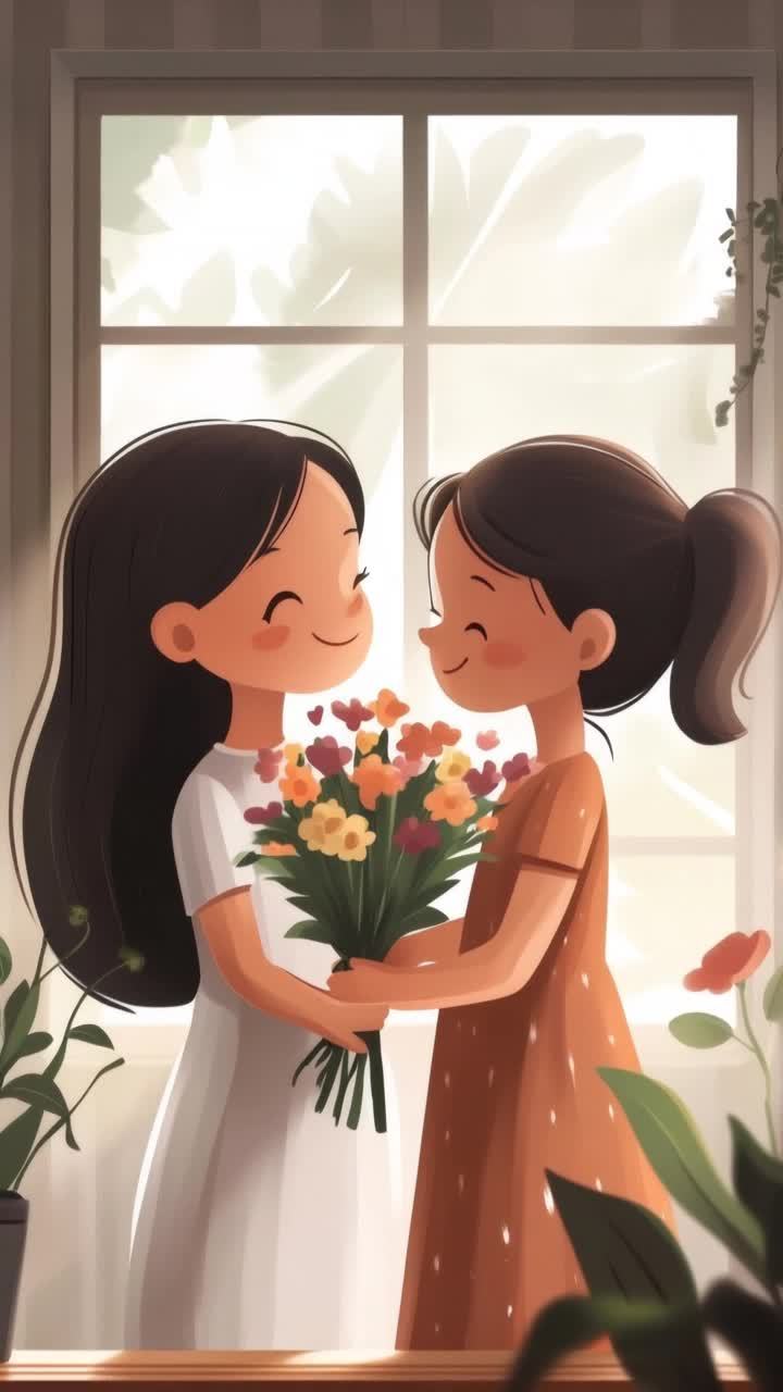 两个卡通风格的女孩面对面站立，中间捧着一束鲜花。左