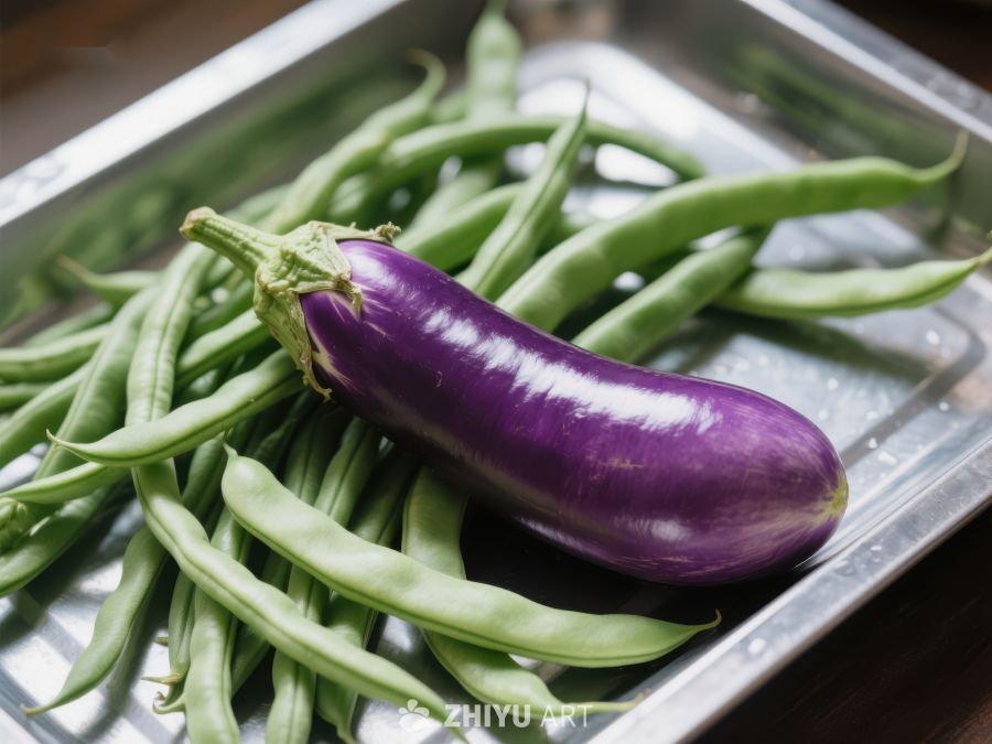 紫色茄子与绿色豆角的静物组合 868