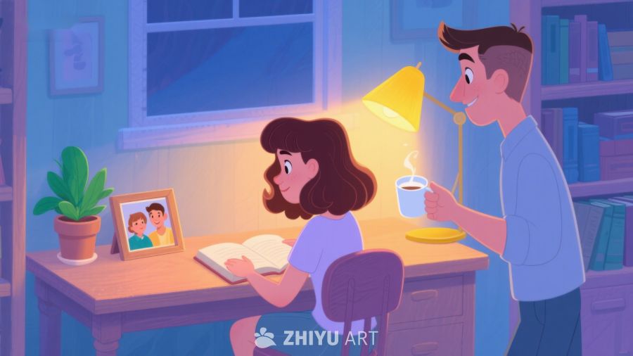 温馨夜读，父亲陪伴女儿学习 475