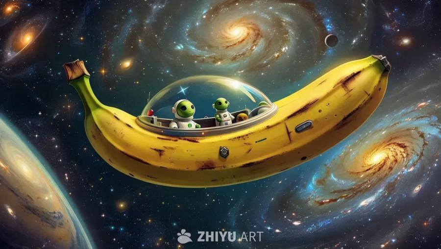一艘香蕉形状的宇宙飞船在宇宙中航行。飞船整体呈金黄