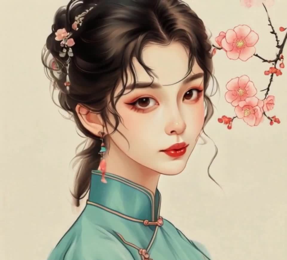 一个年轻女子的画像，她化着妆，穿着一件绿色的旗袍。