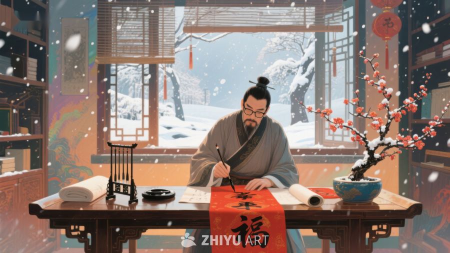 雪中书房，文人挥毫书写春联 1142