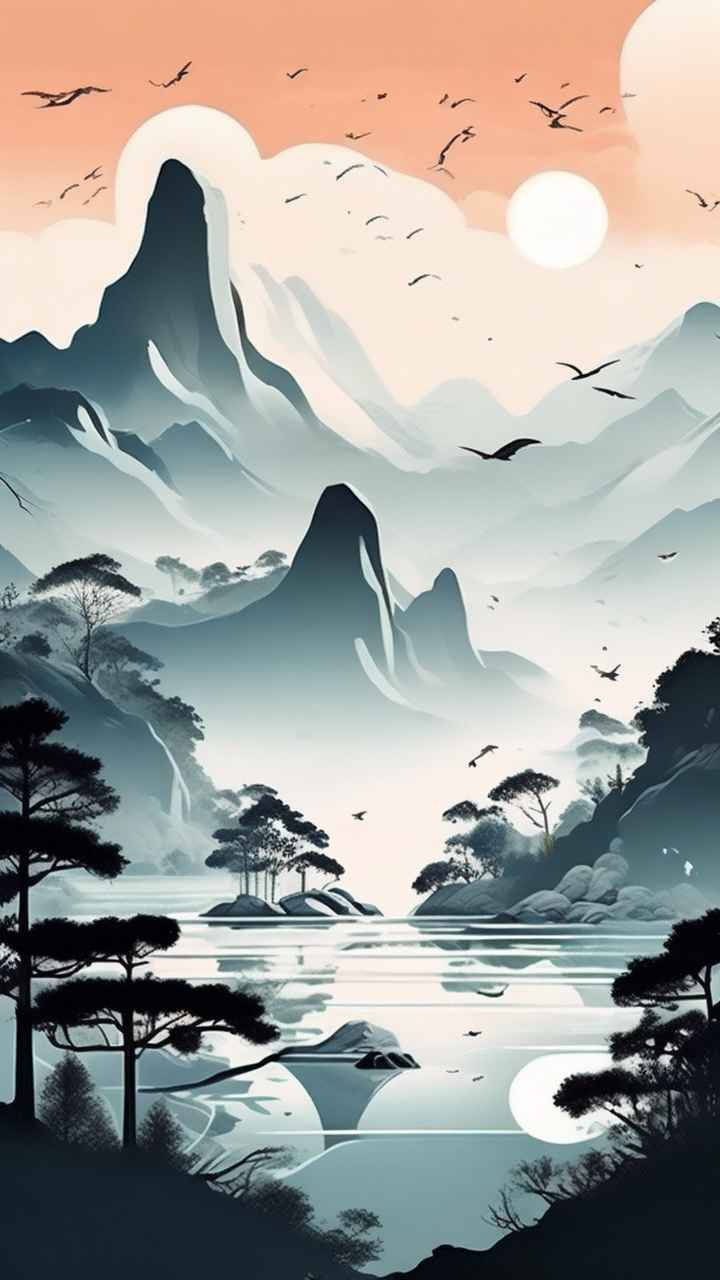 国风水彩画山水风景插画 97
