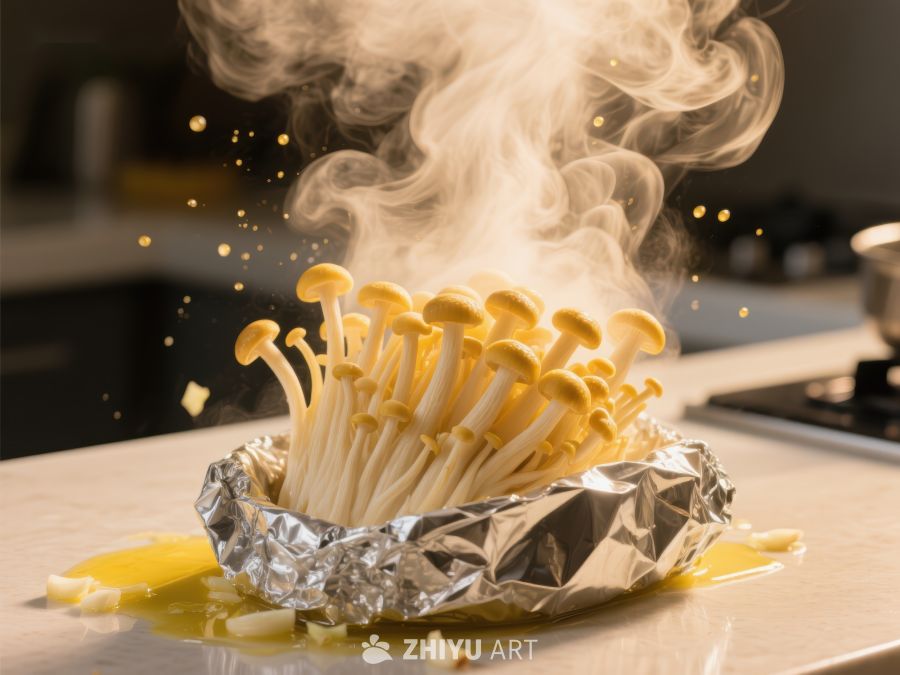 金针菇蒸煮，热气腾腾