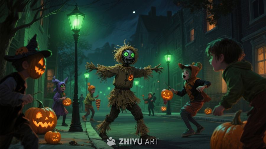 万圣夜街景：孩子们与稻草人共舞