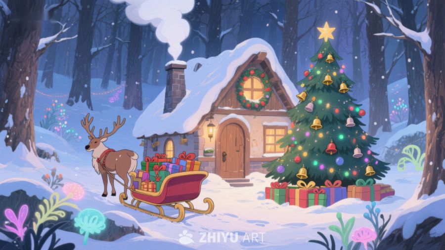 雪夜小屋与圣诞树 406