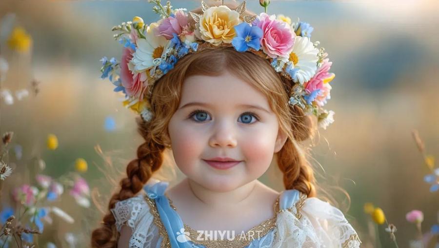 画面中，一个英国女婴站在图像中心，左脸颊上有一个迷