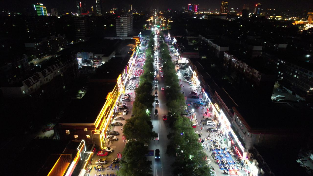 山东东营宵夜一条街烟火气息航拍 