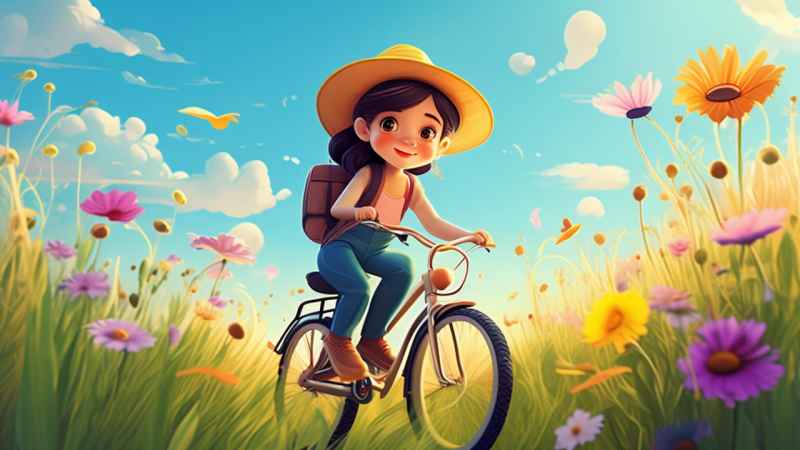 一个女孩在鲜花盛开的绿色田野里骑自行车 7