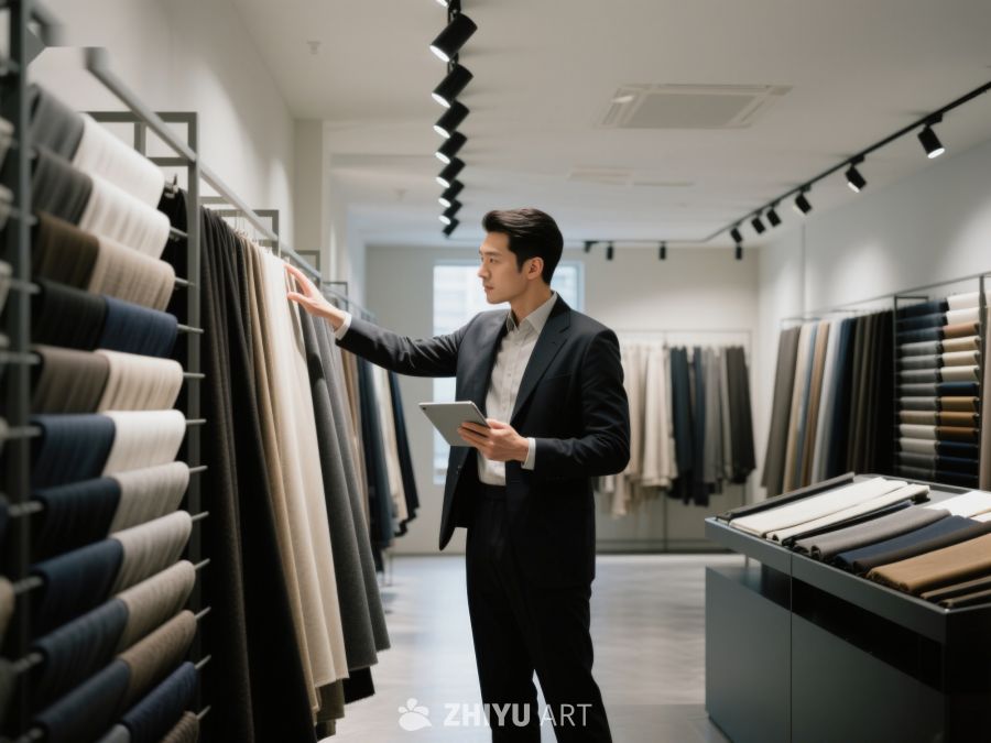 商务人士在面料店挑选布料 348