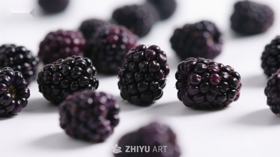 新鲜黑莓散落白色背景