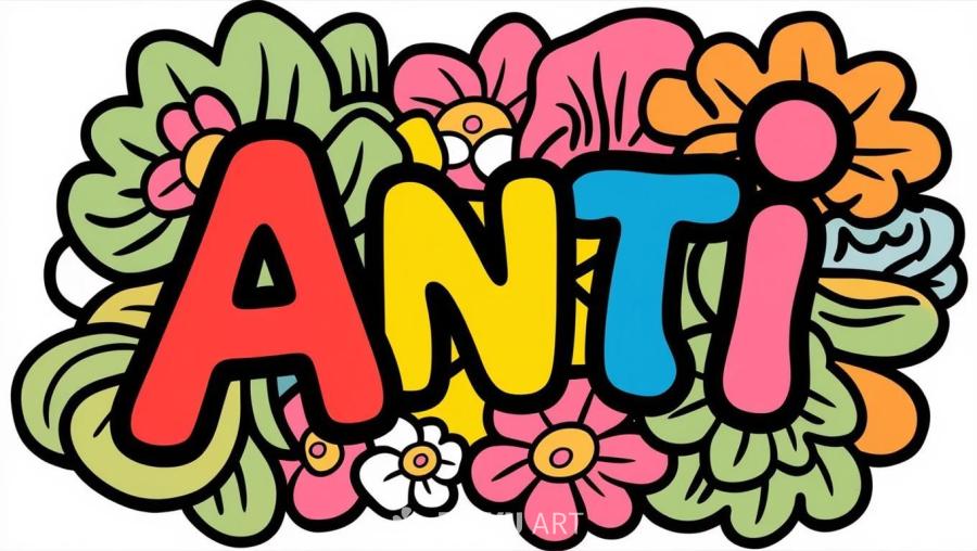 一个圆形艺术标志，包含单词“ANTI”，采用村上隆