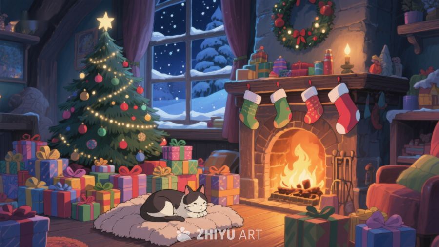 温馨圣诞夜，猫咪炉边梦 321