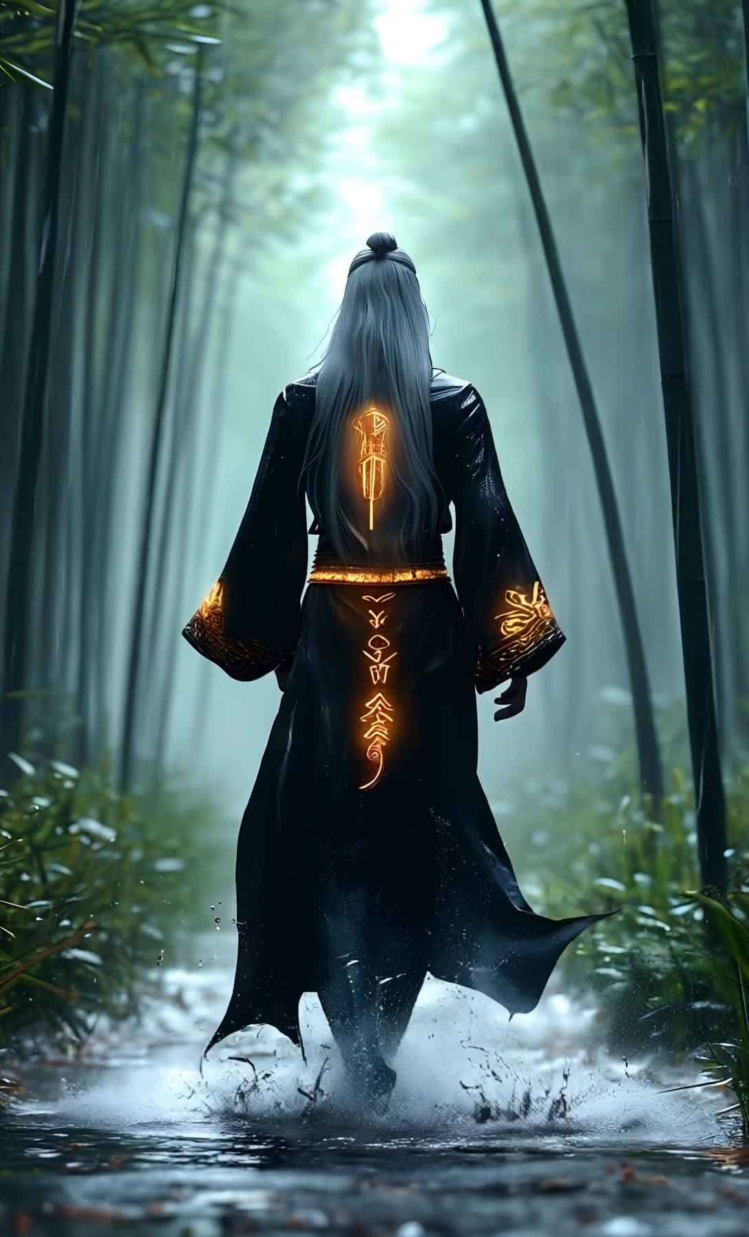 一名身着黑色长袍的人物在雨中行走，镜头跟随人物向前