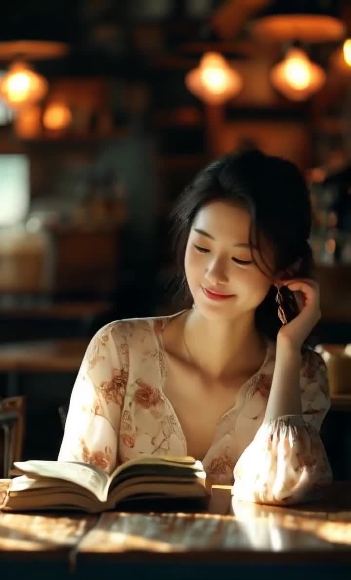 阅读中的东方女子，薄纱衣凝视镜头。