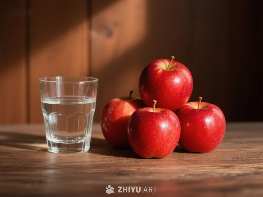红苹果与清水杯静置木桌 131