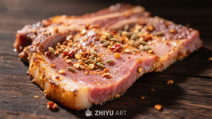 香料腌制的肉排特写