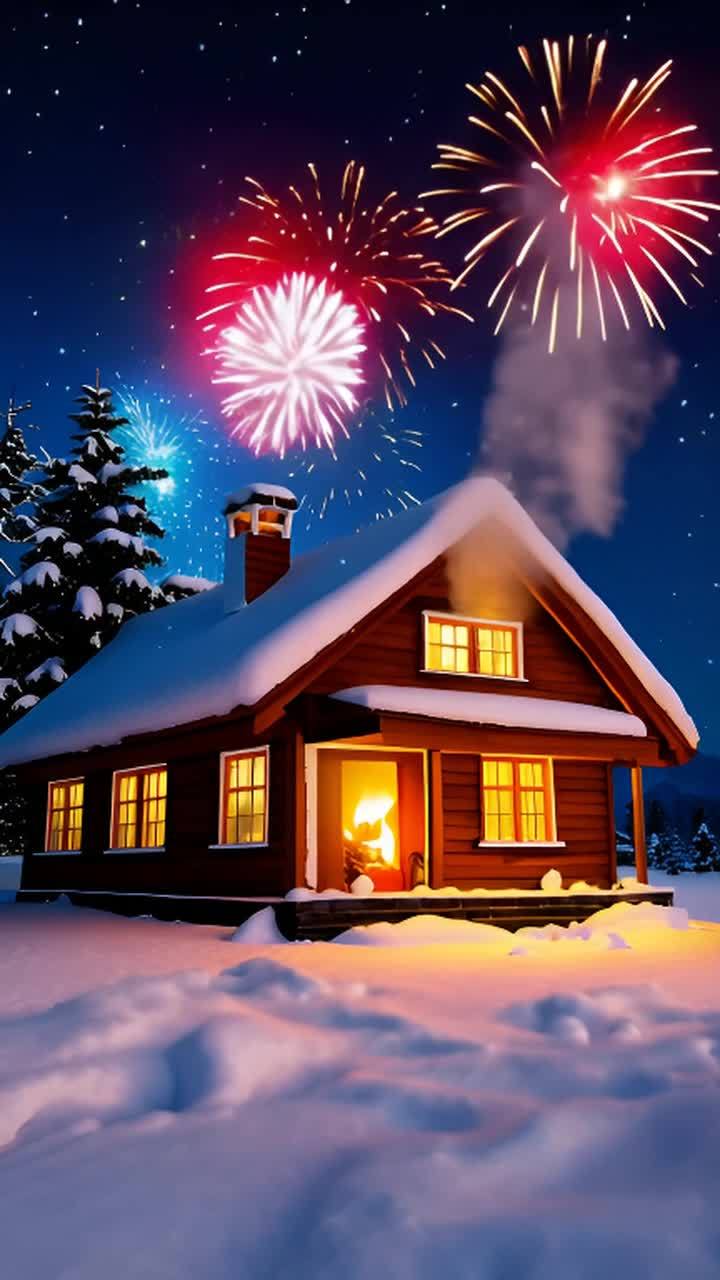 雪地上有一栋红色的房子，房子的烟囱冒着烟，房子后方