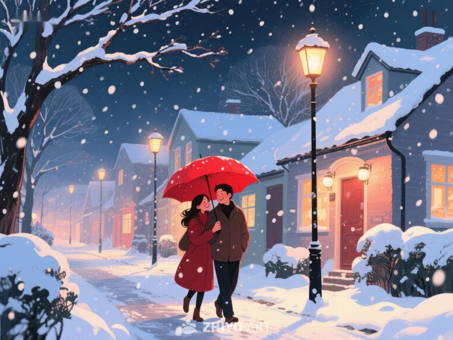 冬夜雪景中情侣共撑红伞漫步 190