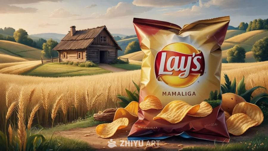 一个乐事薯片包装袋，印有新口味“Mamaliga”
