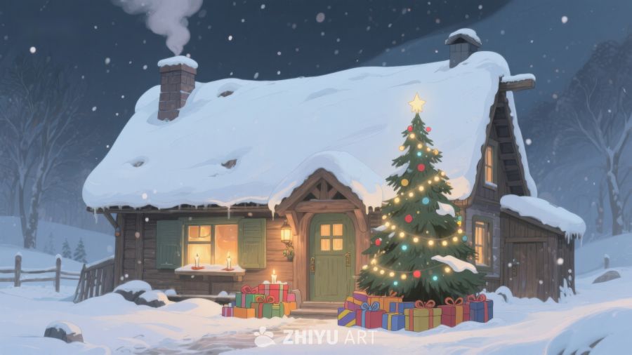 雪夜中的温馨小屋与圣诞树 467