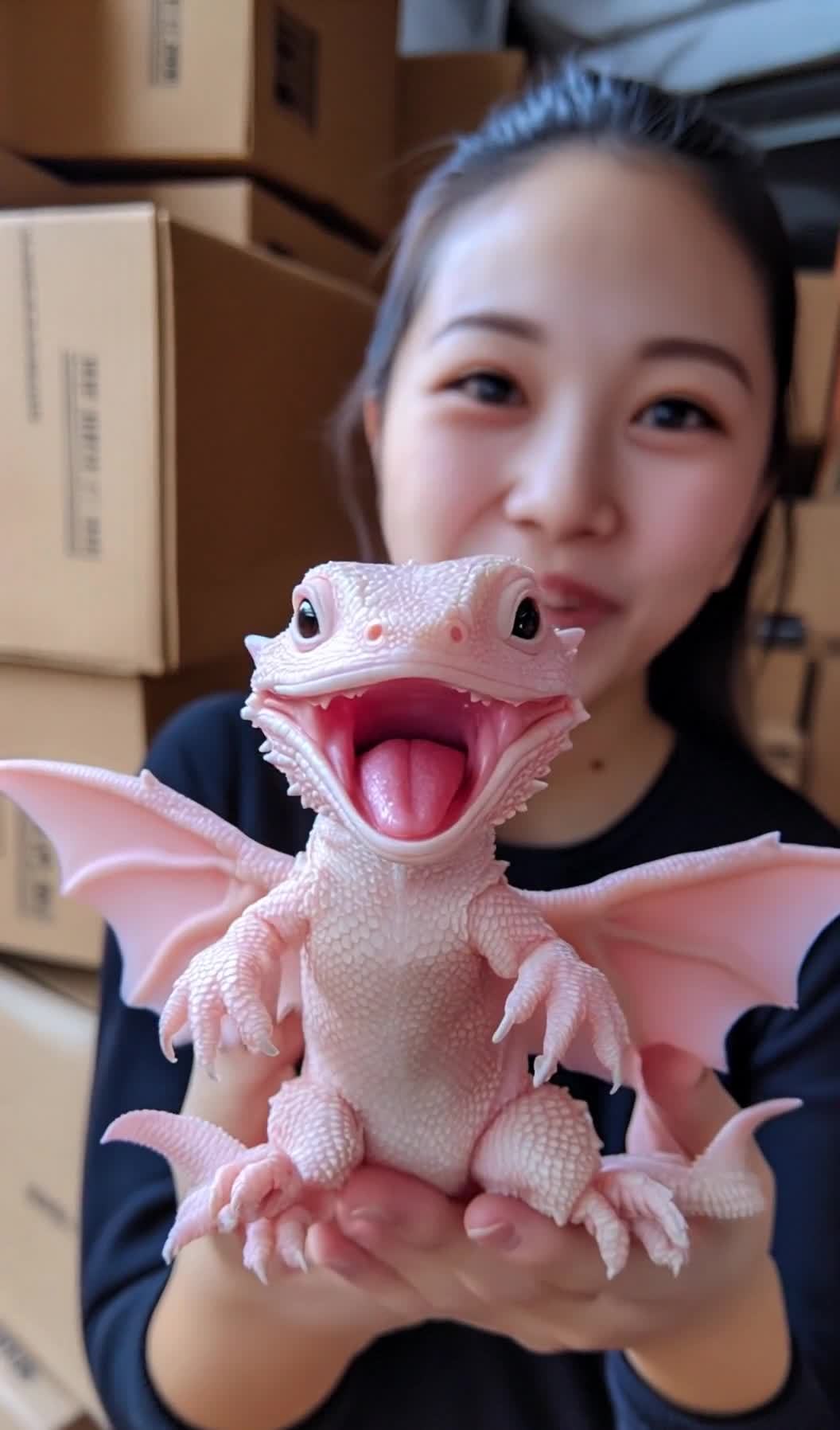 微笑女子手捧粉色飞龙玩具开怀大笑