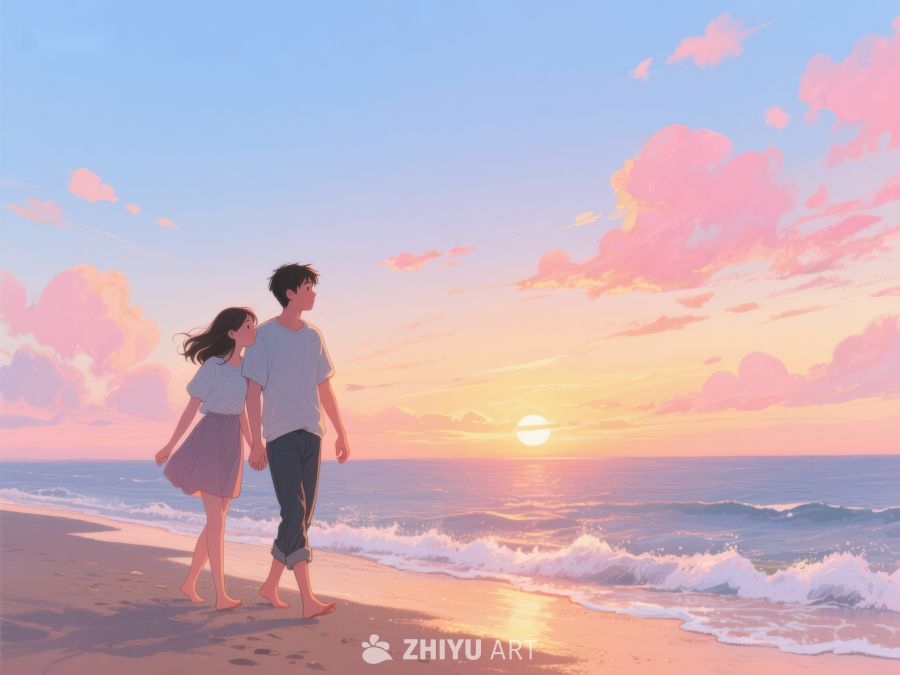 海边漫步的两人 244