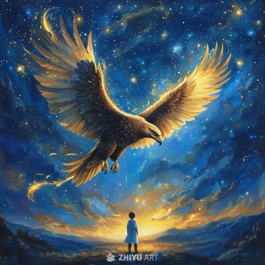 夜空中，一只巨大的鸟正展翅飞翔，翅膀散发着金色的光